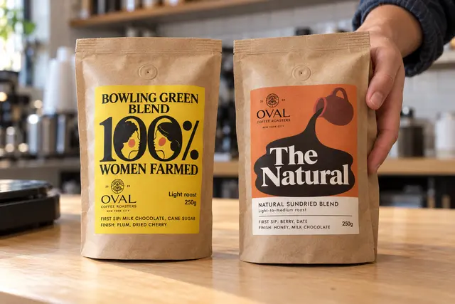 Two Oval Coffee Roasters bags on a café counter, Bowling Green Blend and The Natural, as a barista's hand sets the second one down