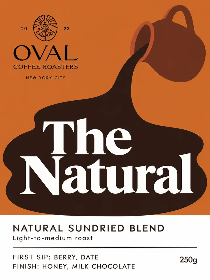The Natural bag label for Oval Coffee Roasters: coffee pouring from a pitcher on orange, with tasting notes