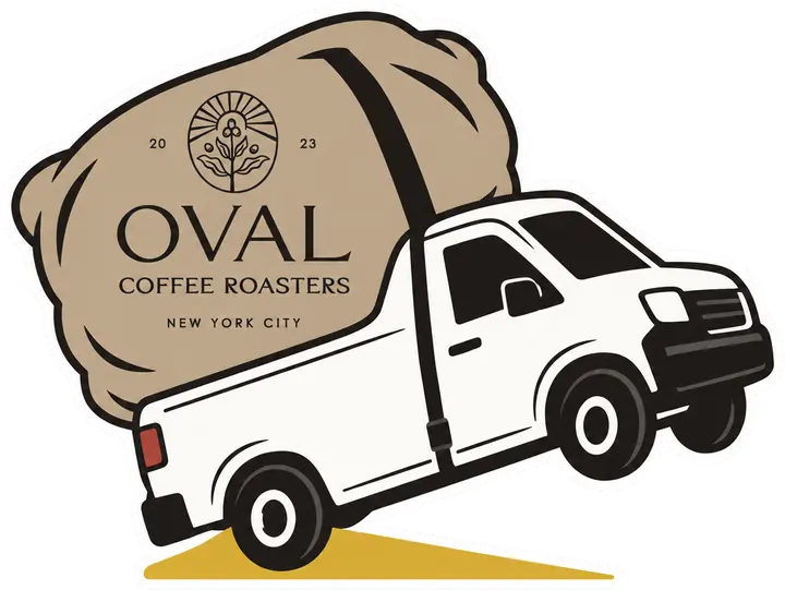 Sticker: a white pickup truck carrying a coffee sack printed with the Oval seal